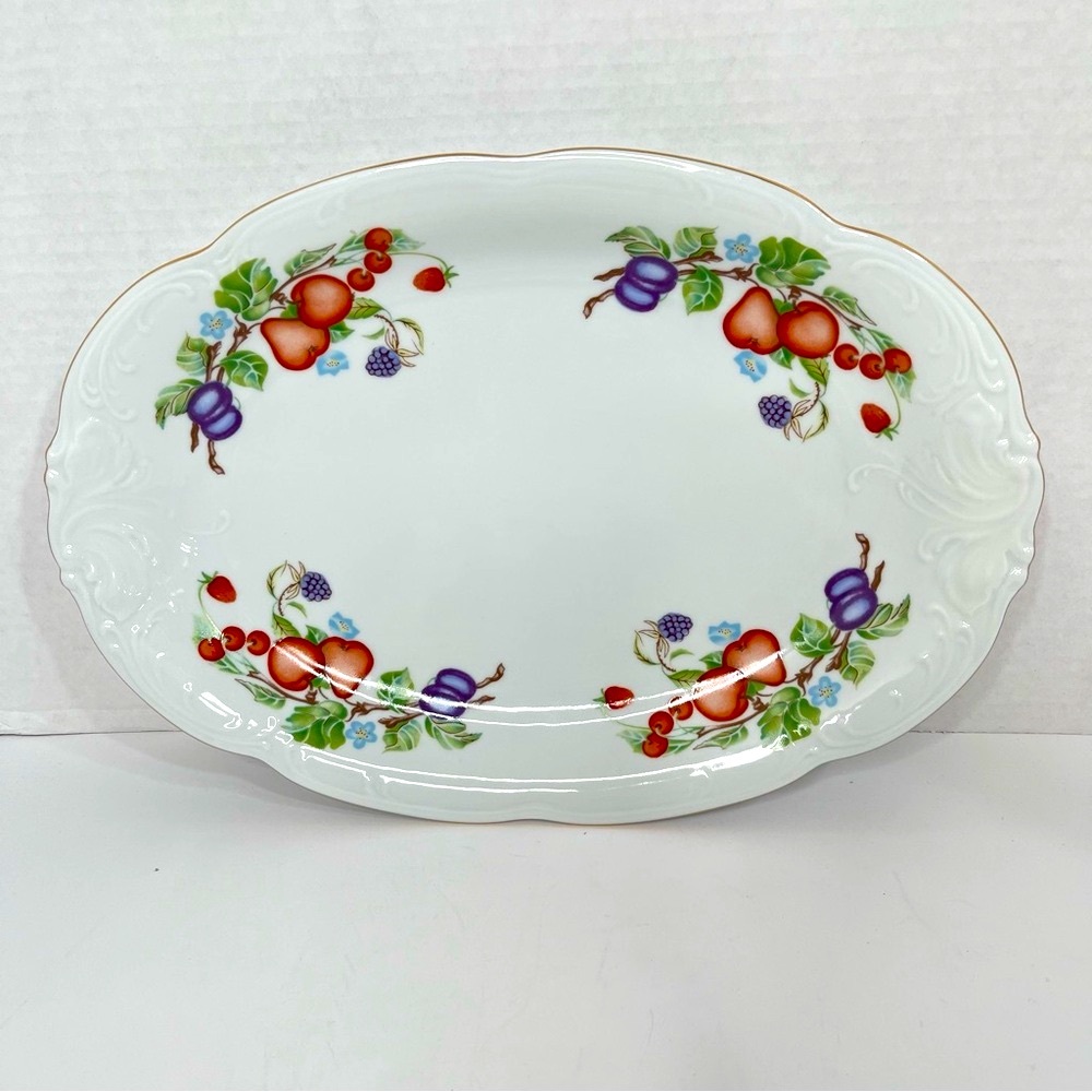 Royal Kent Collection Oval Serving Platter Porcelain Fruit Garland Poland VTG